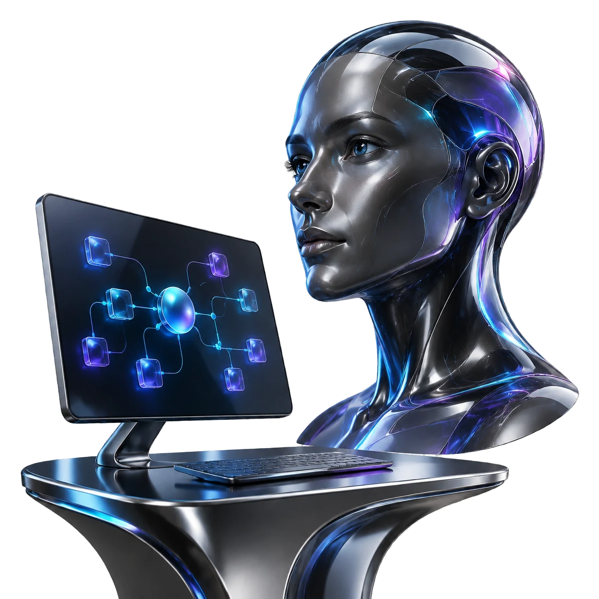 Futuristic AI head beside an automation workstation